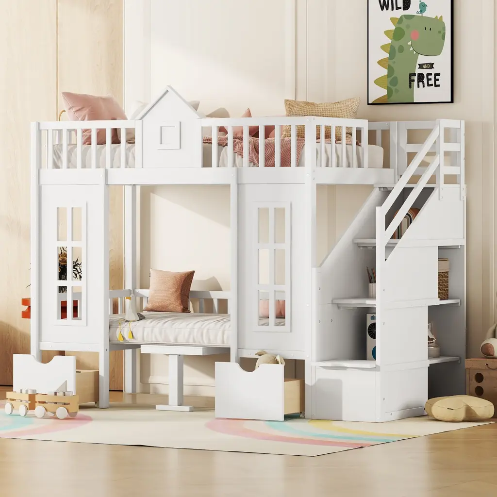 Twin Over Twin Bunk Bed Transformable Table Convertible To Upper Bed lucky furniture