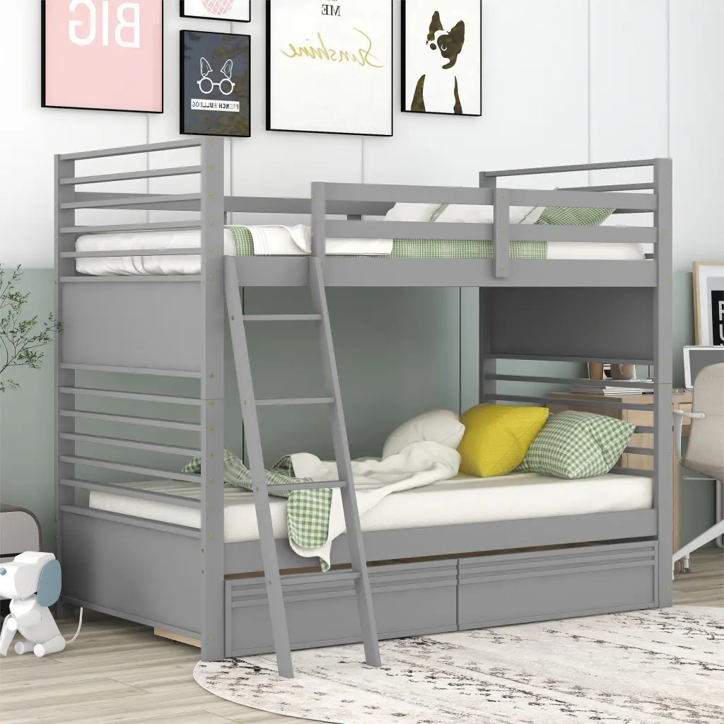 Twin Over Twin Wood Bunk Bed Two Drawers Gray Solid Wood lucky furniture