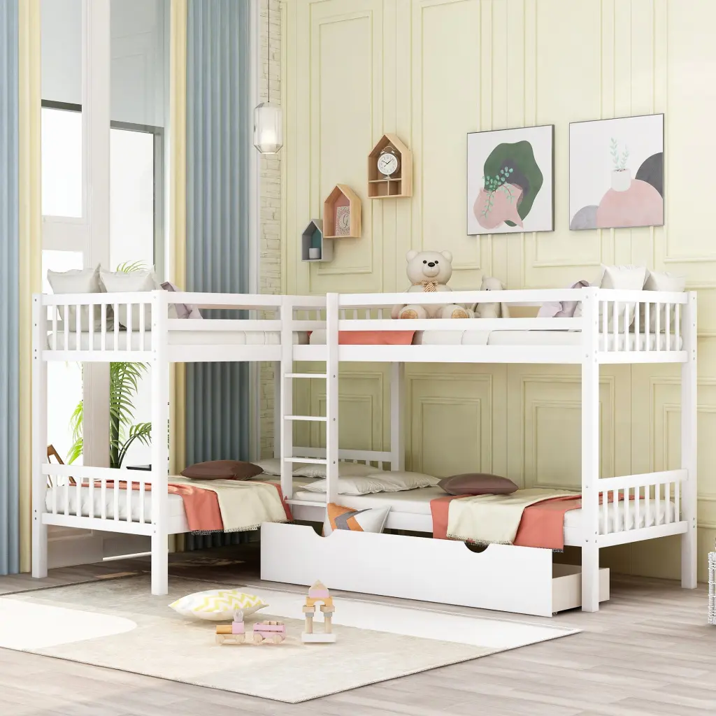 Twin L Shaped Bunk Bed Drawers Gray and White Finish lucky furniture