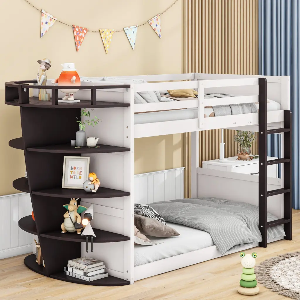 Twin Over Twin Boat Like Influence Bunk Bed Storage Shelves Cream wm store
