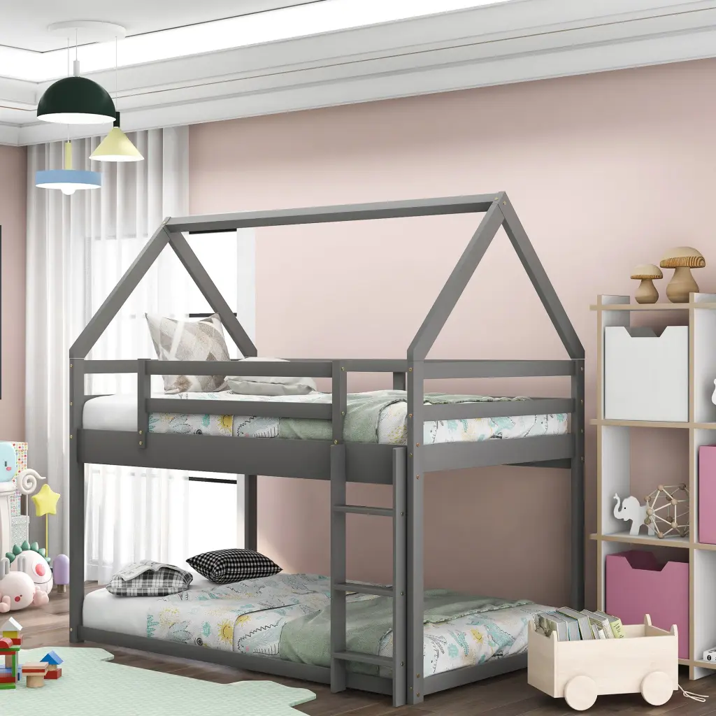 Twin Over Twin Low Bunk Bed Houtilize Ladder Gray wm store
