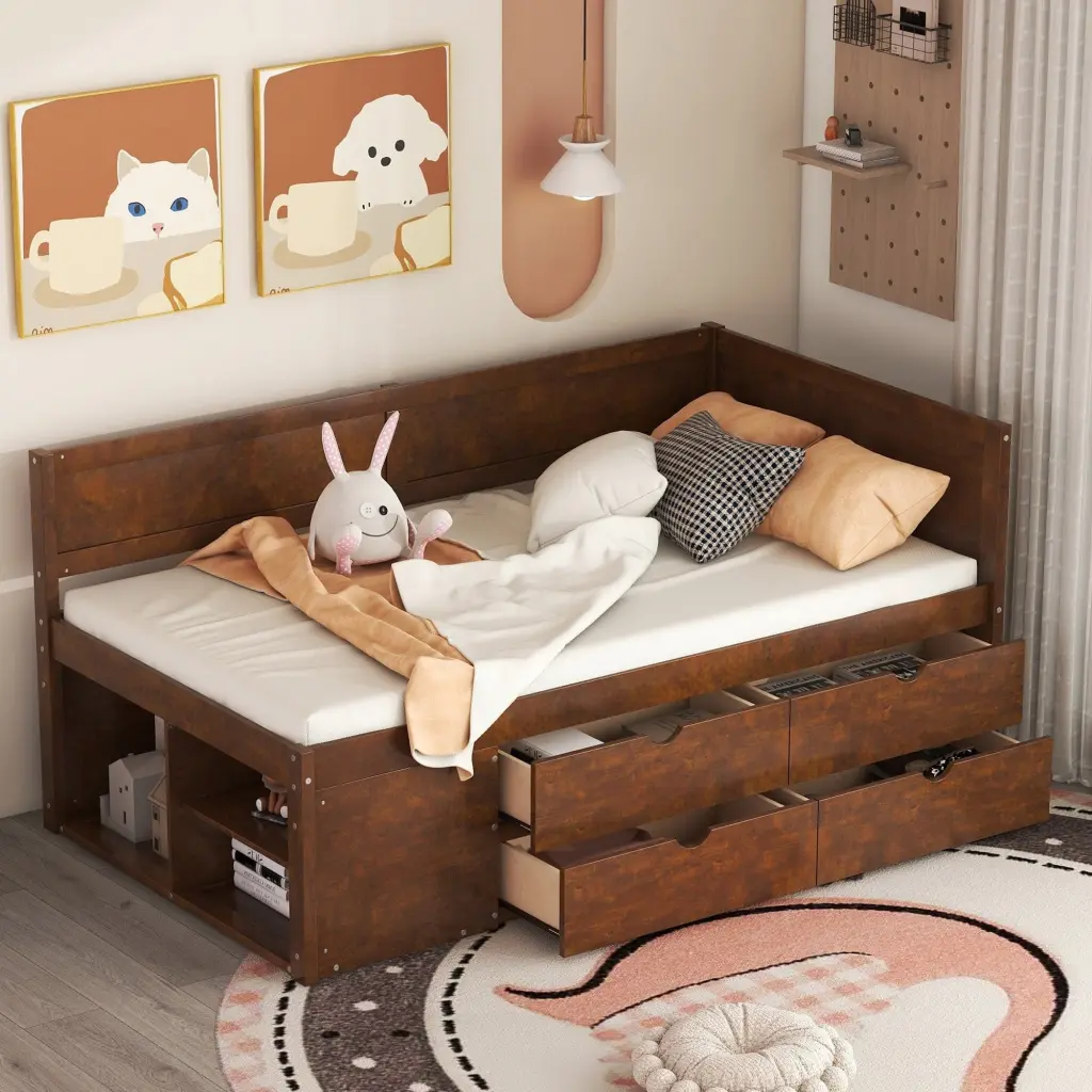 Twin Size Daybed Drawers and Shelves Walnut Solid Wood Frame lucky furniture