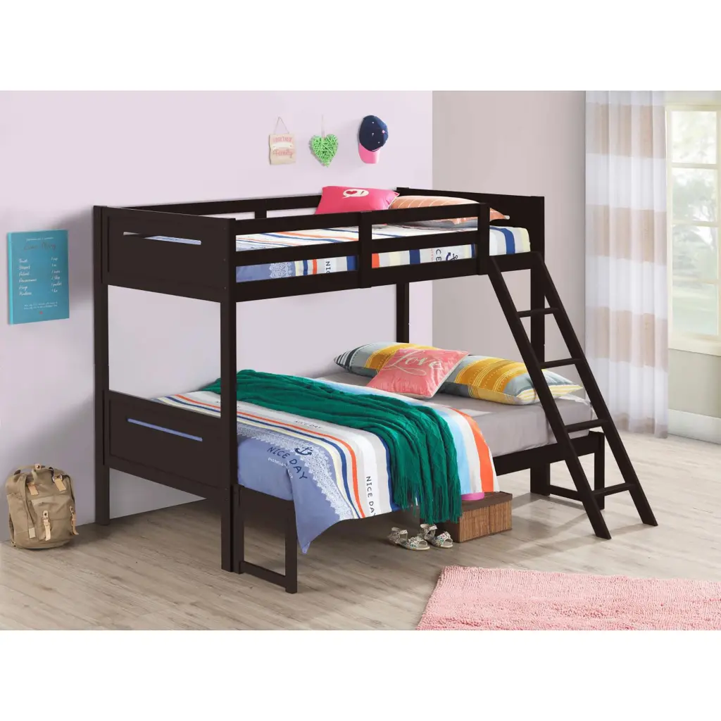 Espresso Twin Full Bunk Bed Built Ladder Brown Wood Frame furniture max
