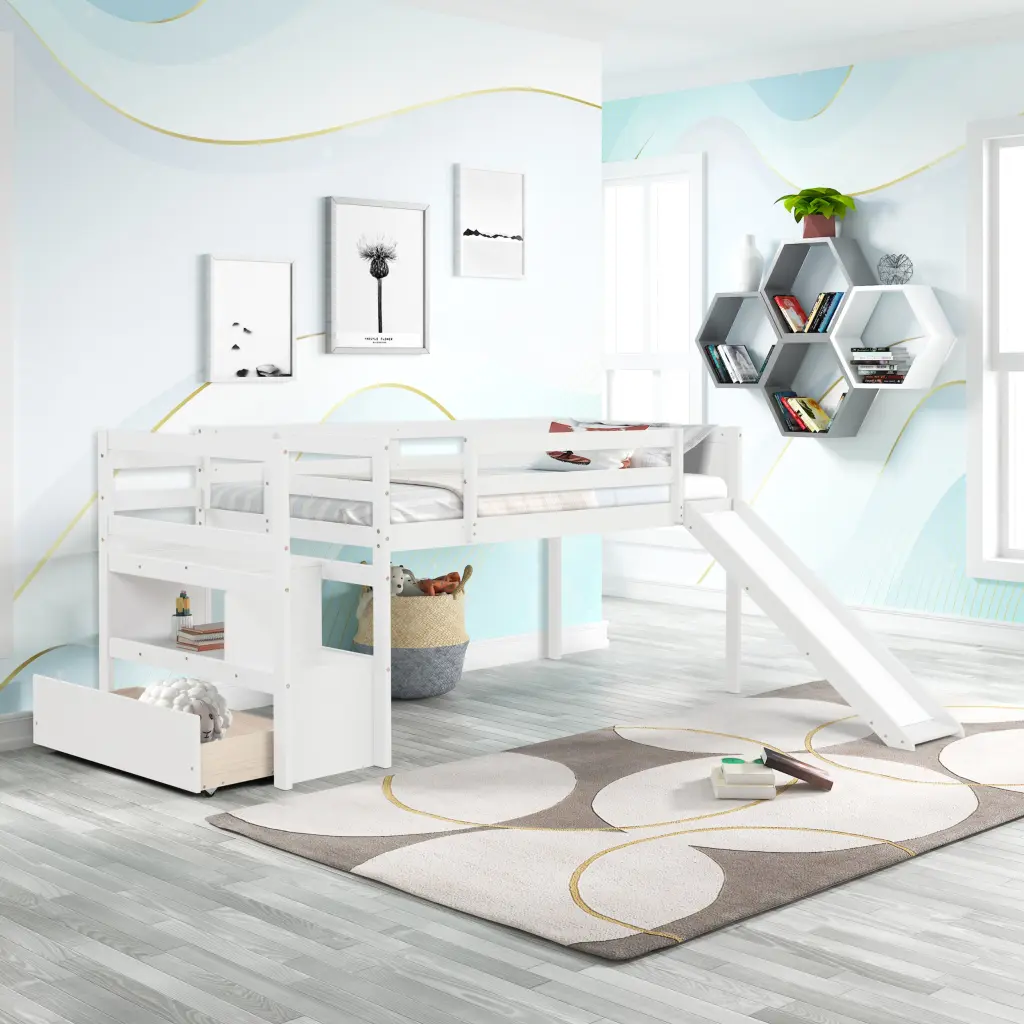 Twin Low Loft Bed Stairs And Slide White Solid Wood fangxing