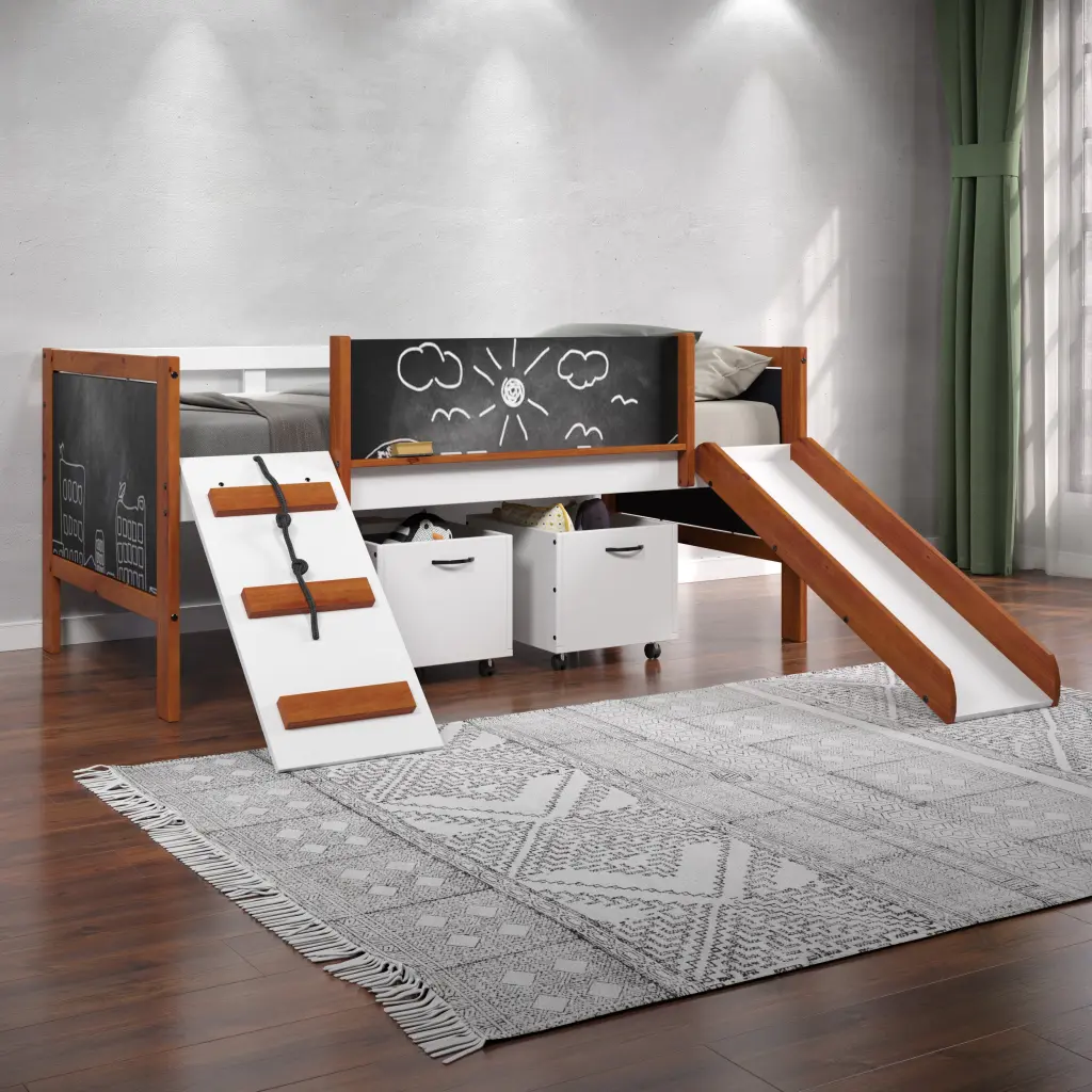 Cherry Oak And White Twin Loft Bed Slide, Box Spring Not Required furniture max