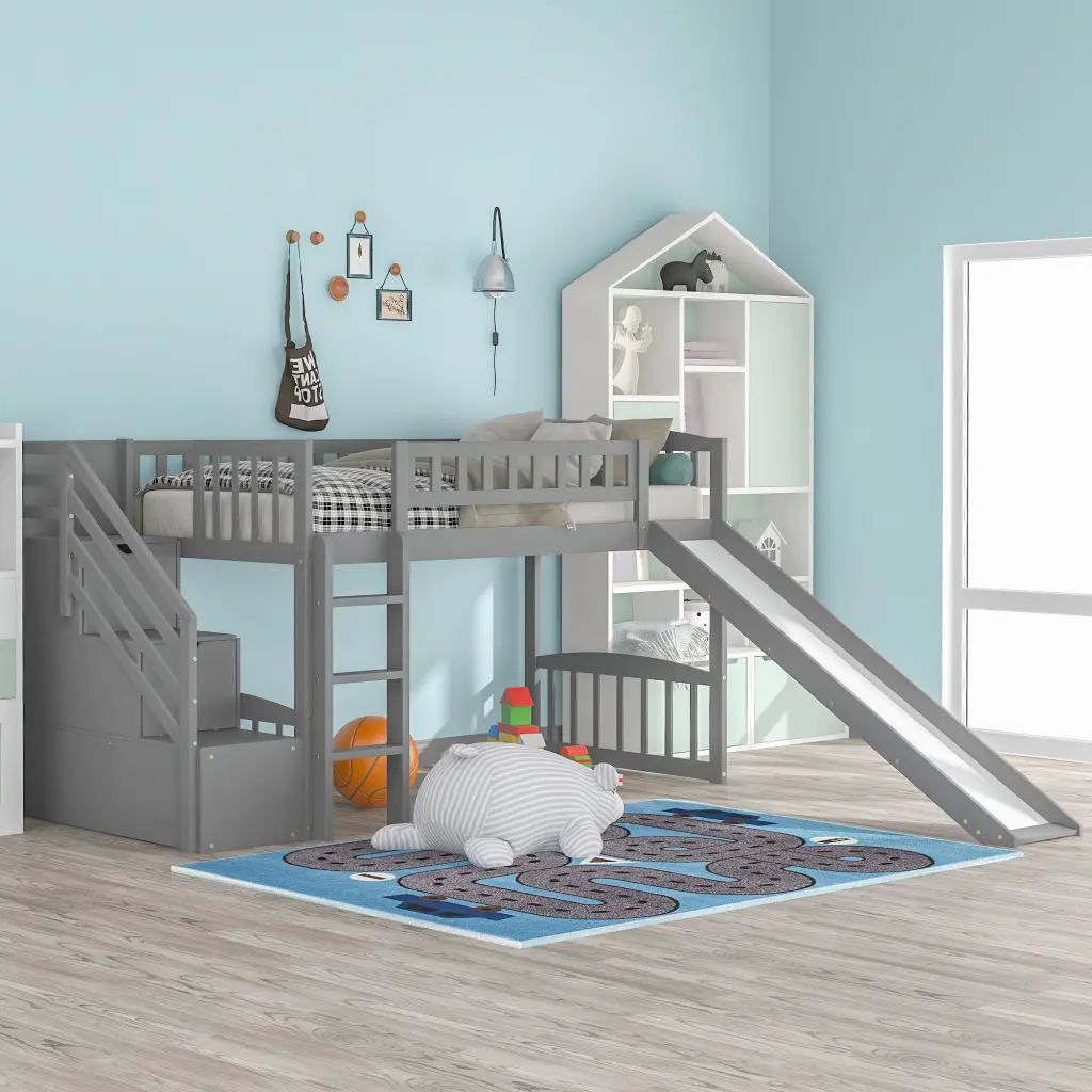 Stairway Twin Size Loft Bed Two Drawers And Slide Gray lucky furniture
