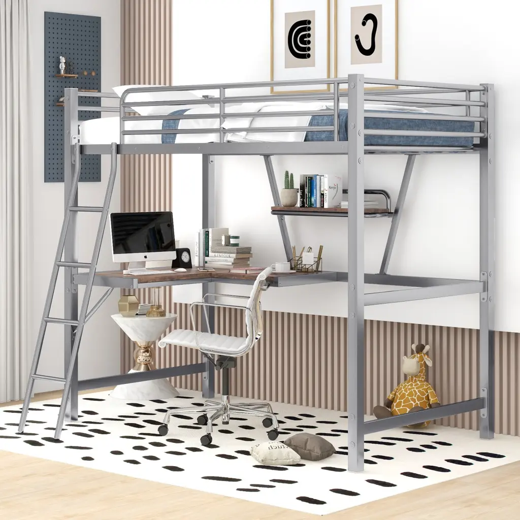 Twin Size Loft Bed Desk and Shelf Silver Metal and MDF Frame wm store