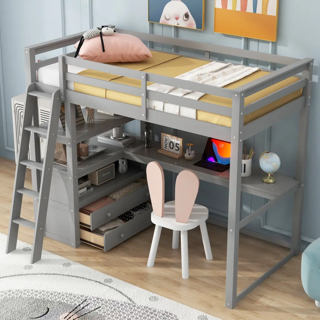 Twin Size Loft Bed Desk And Shelves Two Constructed Drawers Gray wm store
