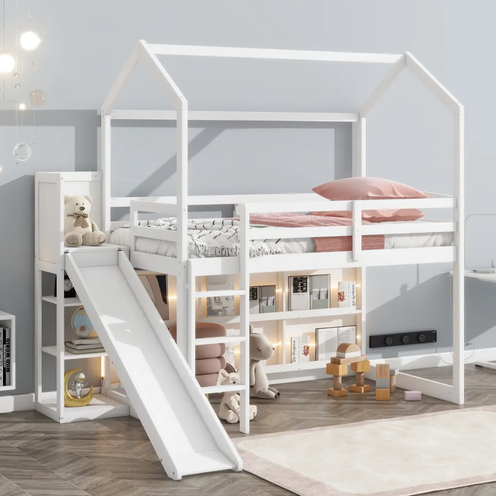 Twin Size Wood Houtilize Loft Bed Slide Storage Shelves And Light Kids Bed wm store