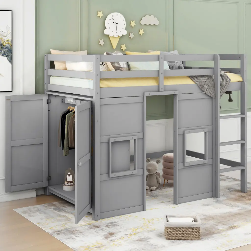 Wood Twin Size Loft Bed Constructed Storage Wardrobe And 2 Windows wm store