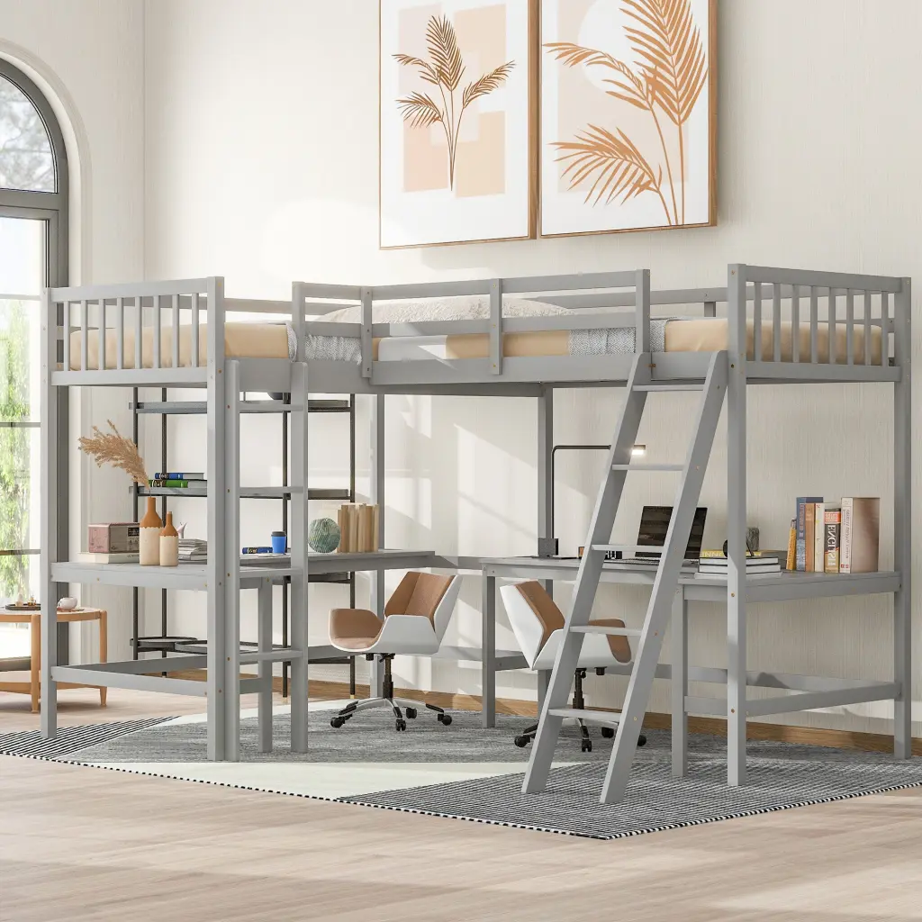 Wood Twin Size L-Shaped Loft Bed Ladder and 2 Built- Storage Shelves wm store