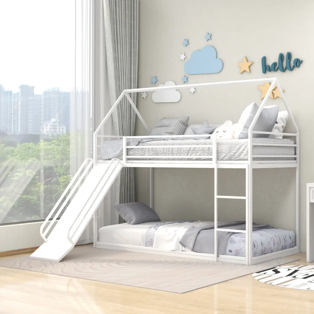 Twin Over Twin Houtilize Bed Ladder And Slider Twin White Steel dream link