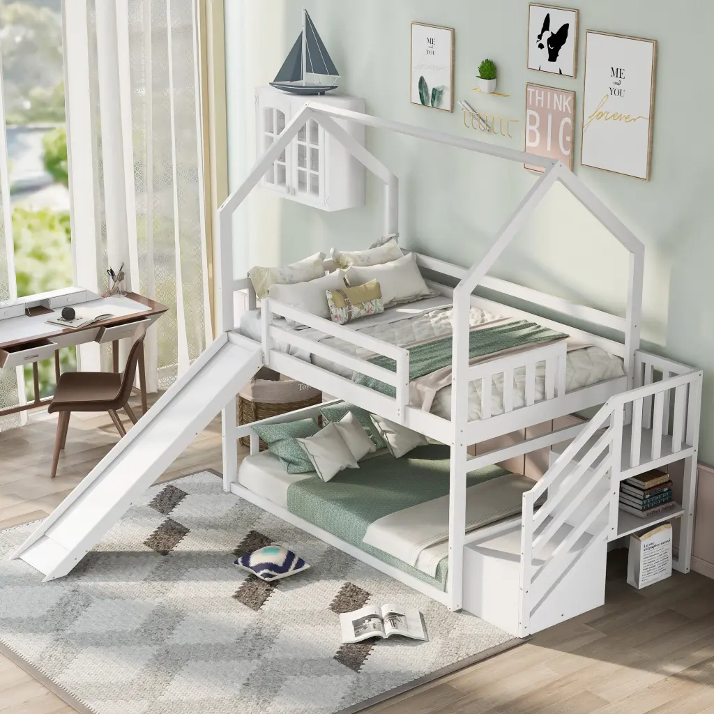 Twin Over Twin Houtilize Bunk Bed Convertible Slide and Storage Staircase wm store