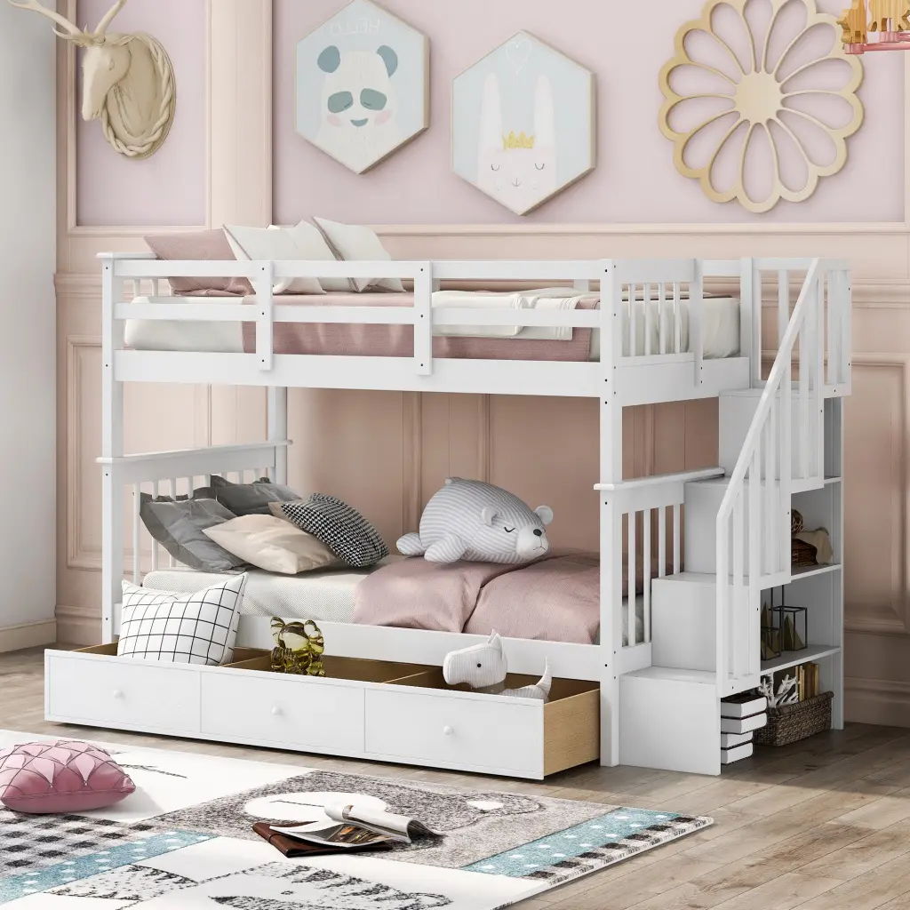Stairway Twin Over Twin Bunk Bed Three Drawers Bedroom Dorm Loft Bed lucky furniture