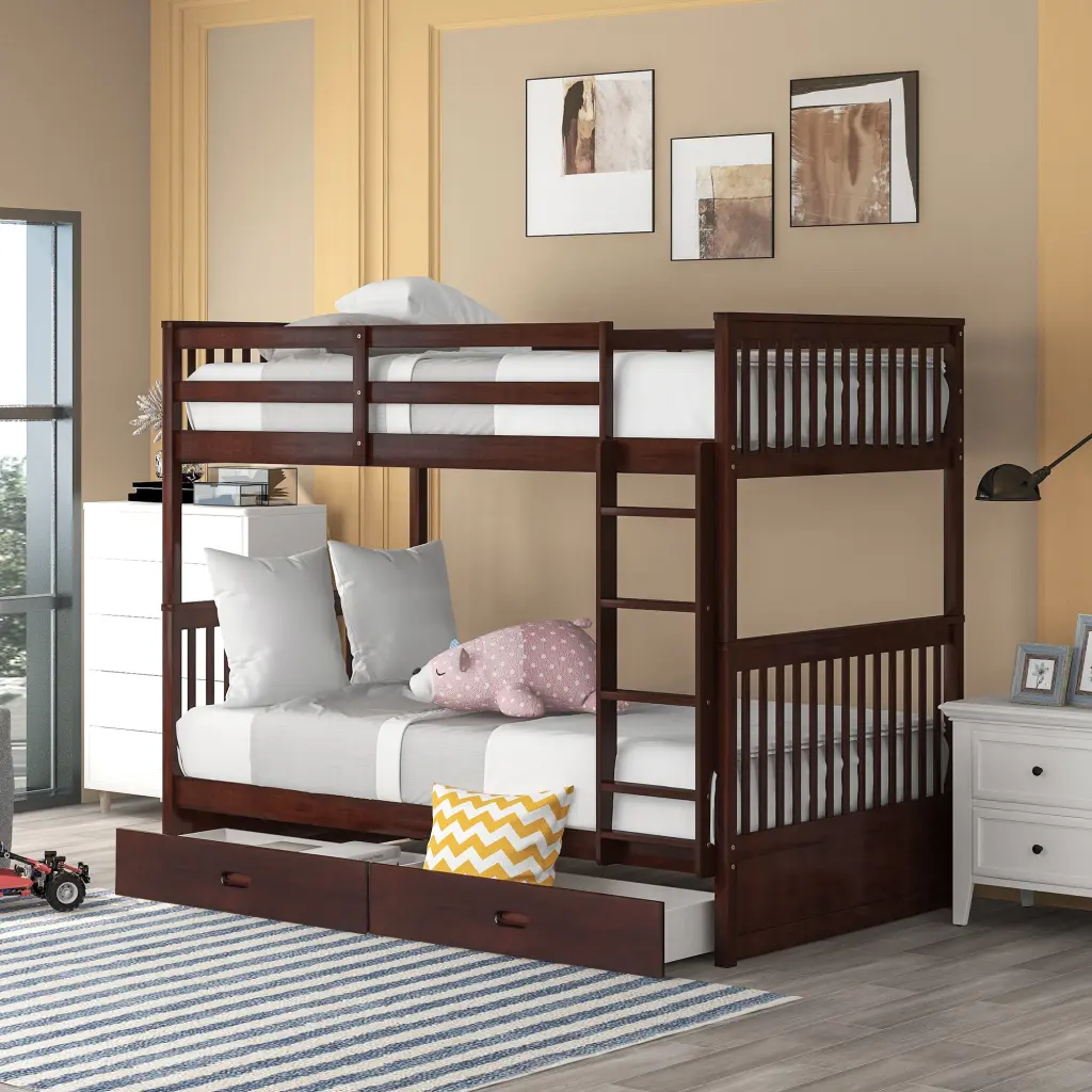 Twin Over Twin Bunk Bed Ladders And Two Storage Drawers Espresso Finish lucky furniture