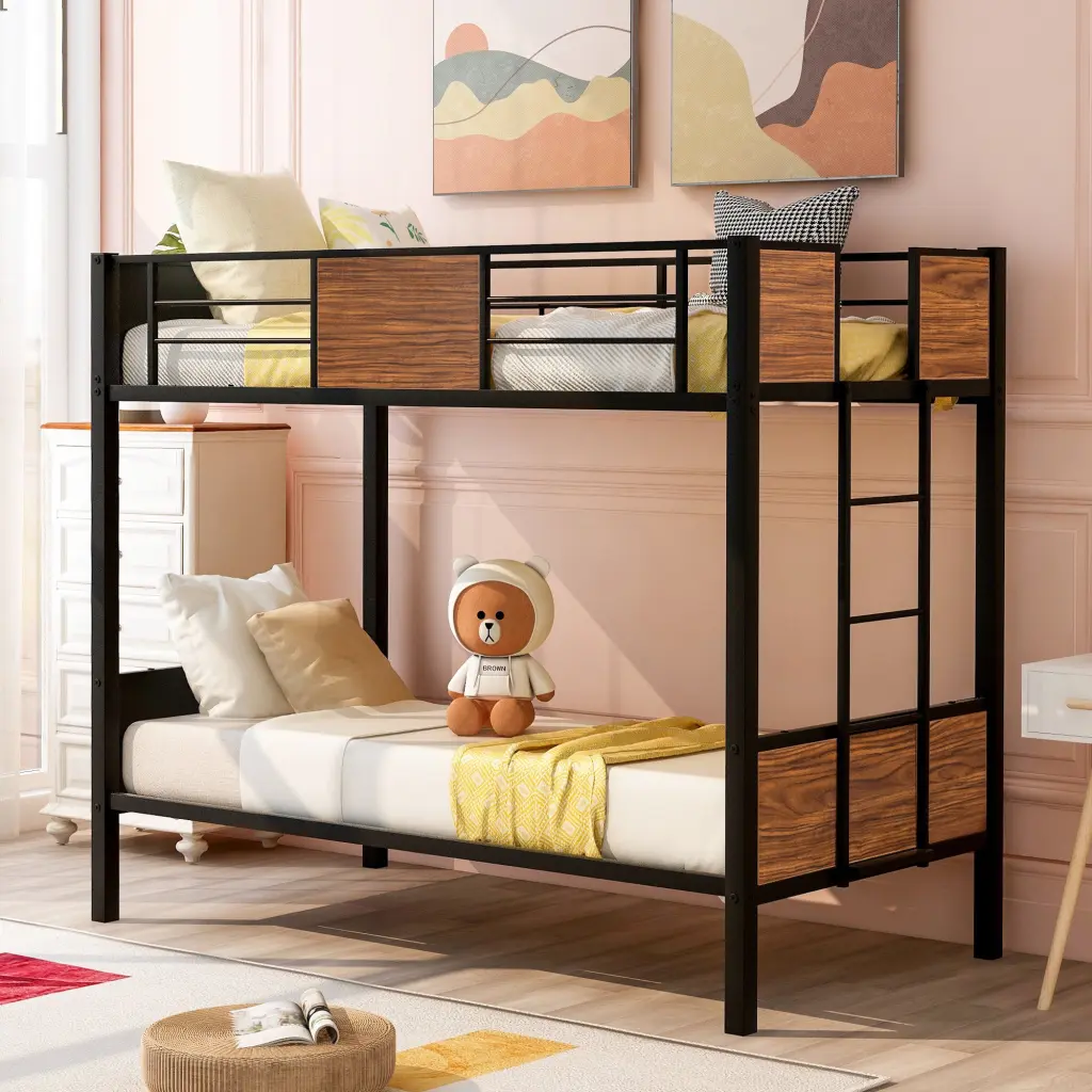 Twin Over Twin Bunk Bed Modern Style Steel Frame Bunk Bed Safety Rail lucky furniture