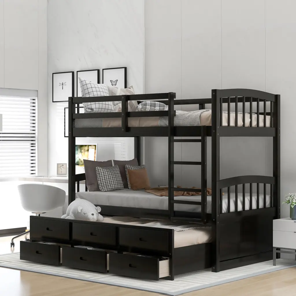 Twin Over Twin Wood Bunk Bed Trundle And Drawers Espresso Box Space Saver wm store