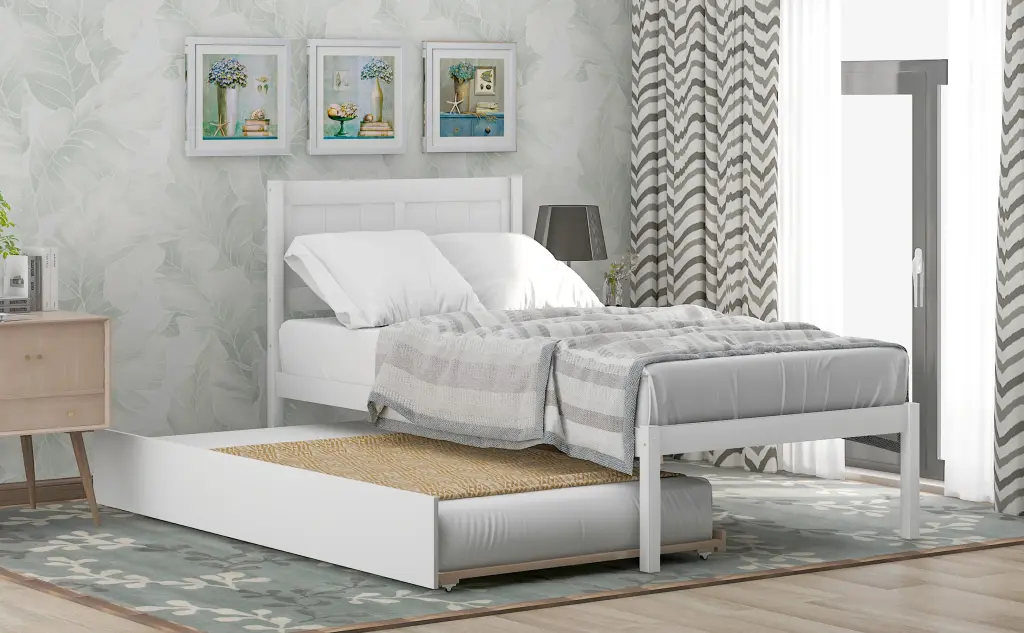 Twin Size Platform Bed Wood Platform Bed Trundle White Solid Wood Frame lucky furniture