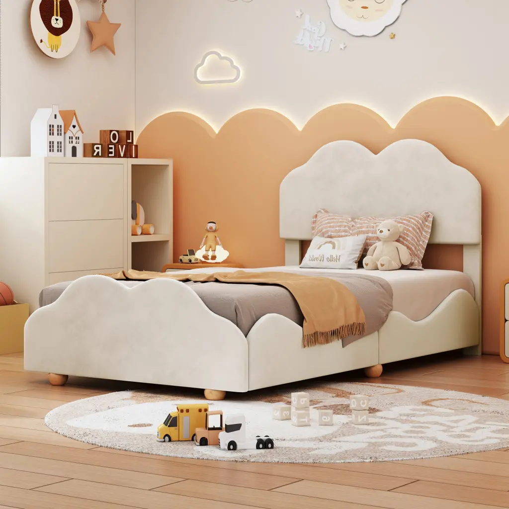 Twin Size Upholstered Platform Bed Cloud Influenced Bed Board Beige lucky world