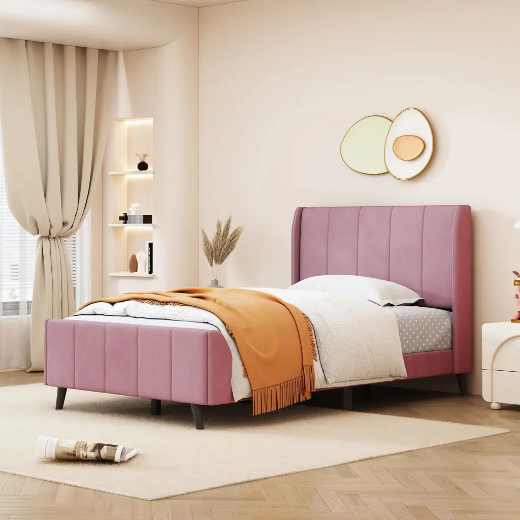 Twin Size Upholstered Platform Bed Velvet Pink lucky world