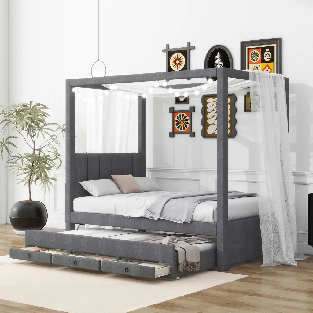 Twin Size Upholstery Canopy Platform Bed Trundle And Three Storage Drawers wm dreamland