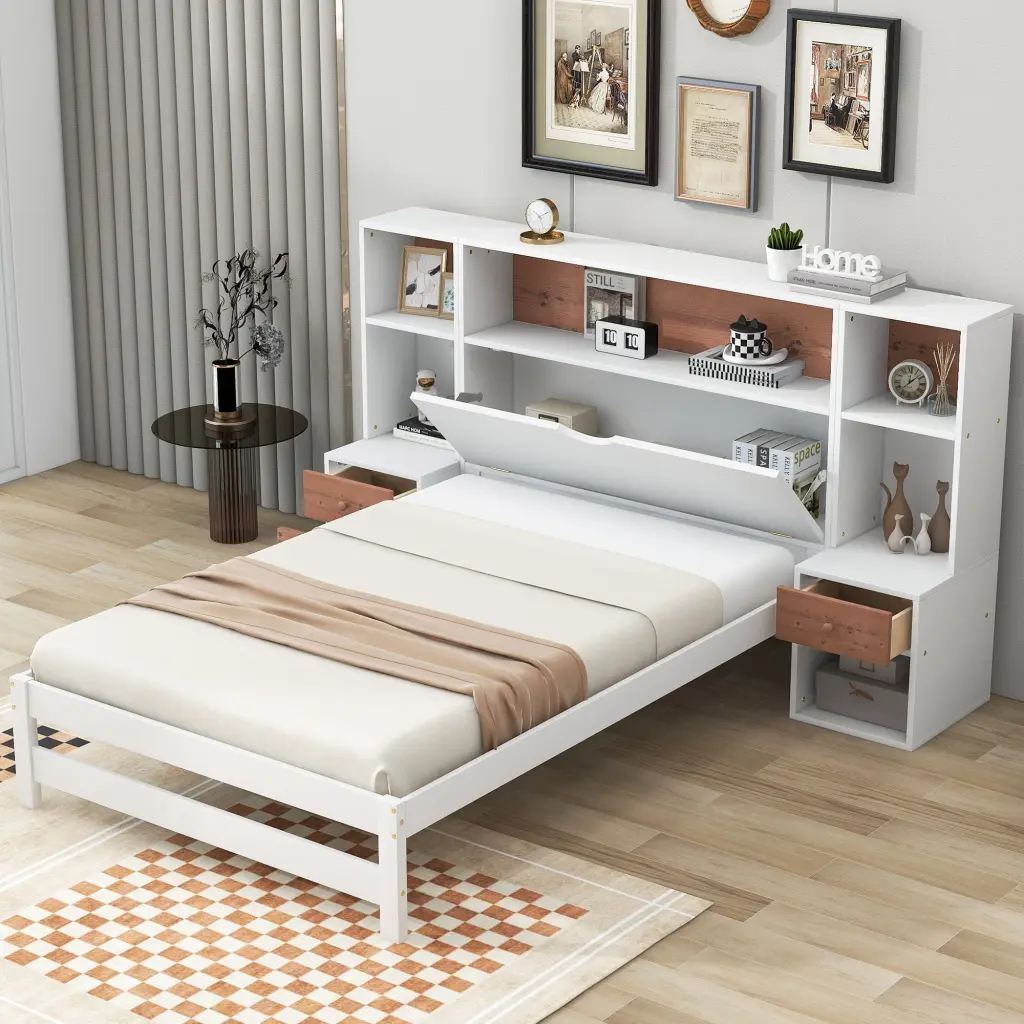 Twin Size Platform Bed Storage Headboard And Drawers White Solid Wood wm store