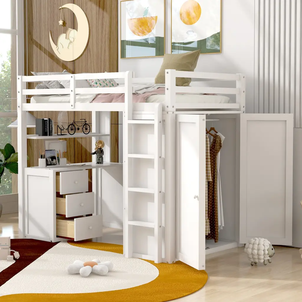 Twin Size Loft Bed Drawers Desk And Wardrobe White Solid Wood lucky furniture