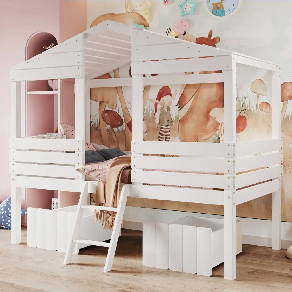 Twin Size Low Loft Wood Houtilize Bed Two Drawers White Solid Frame lucky furniture