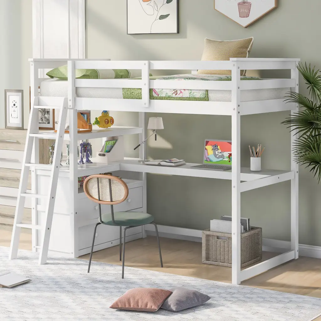Twin Size Loft Bed Desk And Shelves Two Constructed Drawers White wm store