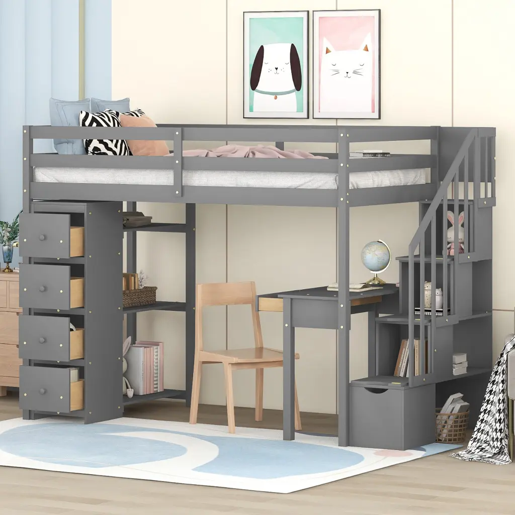 Twin Size Loft Bed Storage Drawers Desk And Stairs Wooden Loft Bed Kids lucky furniture
