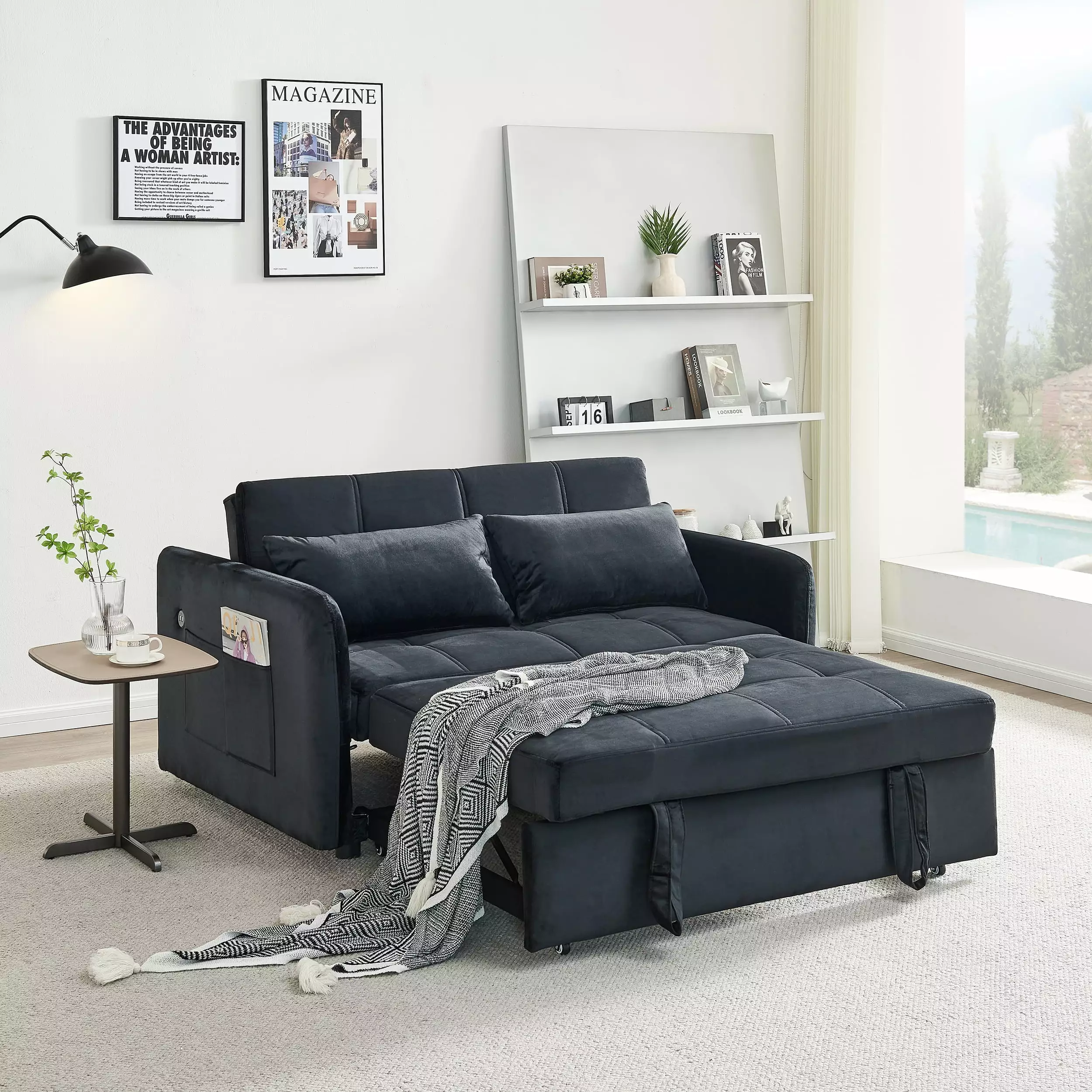 55.5 Twins Pull Out Sofa Bed Black Velvet Convertible Sleeper CNCJ