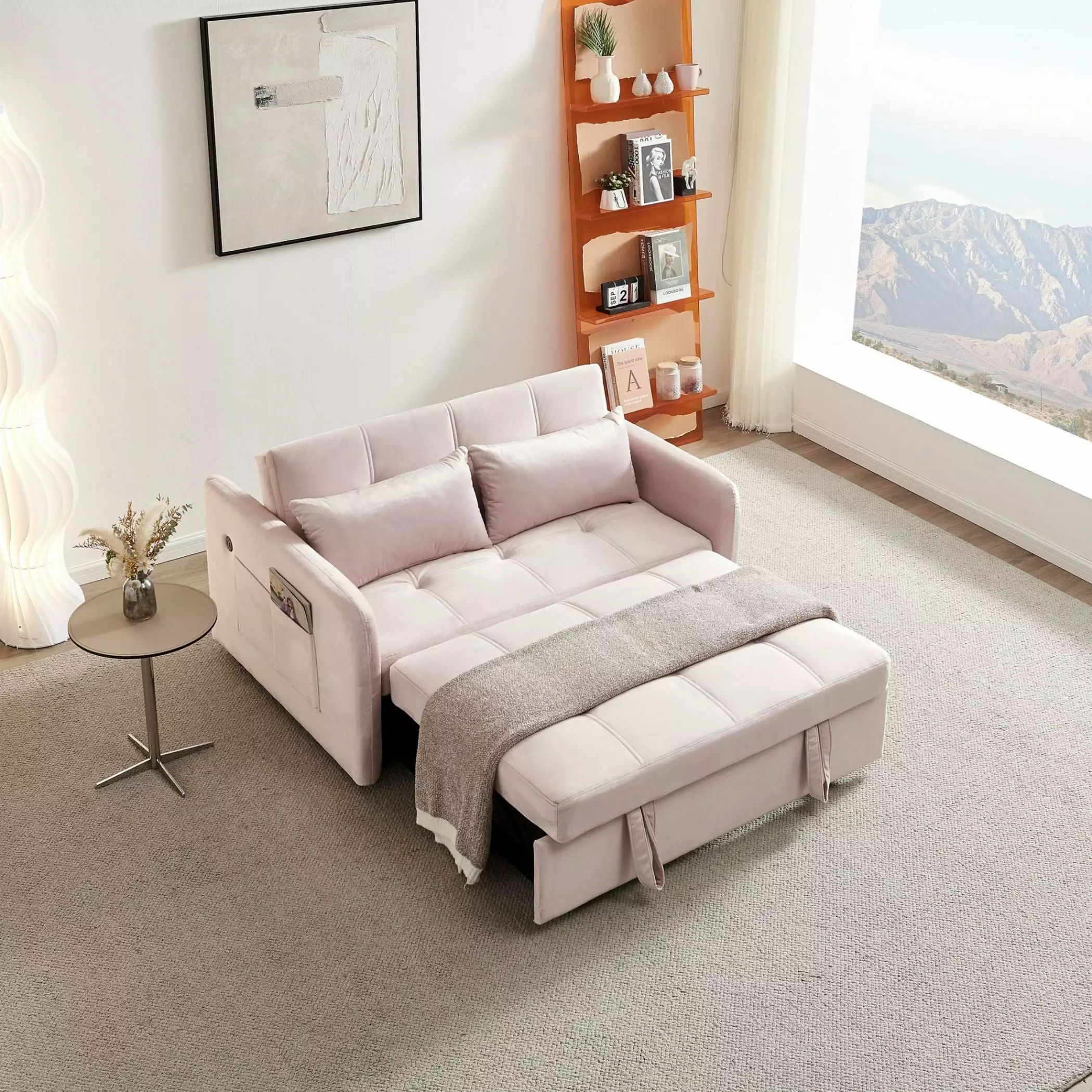 55.5 Twins Pull Out Sofa Bed Pink Velvet Convertible Sleeper CNCJ
