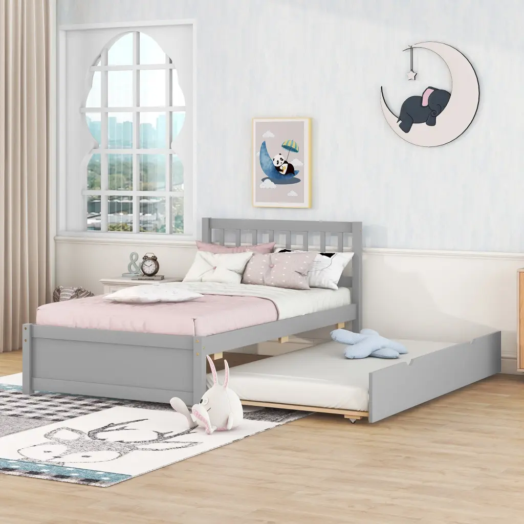 Modern Wooden Twin Size Platform Bed Frame Trundle Guest Room fangxing
