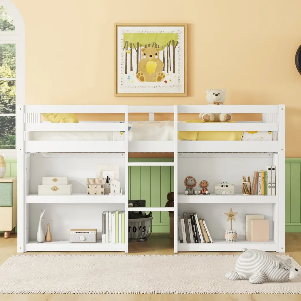 Twin Size Kids Low Loft Bed Two Tier Shelves and LED Lights White Finish fangxing