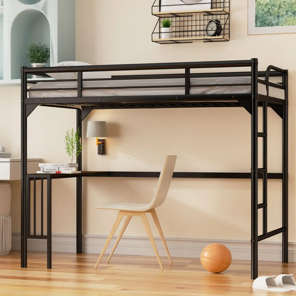 Twin Metal Loft Bed Desk Ladder Guardrails Bookdesk Under Bed Space Saving Furniture hengbo store