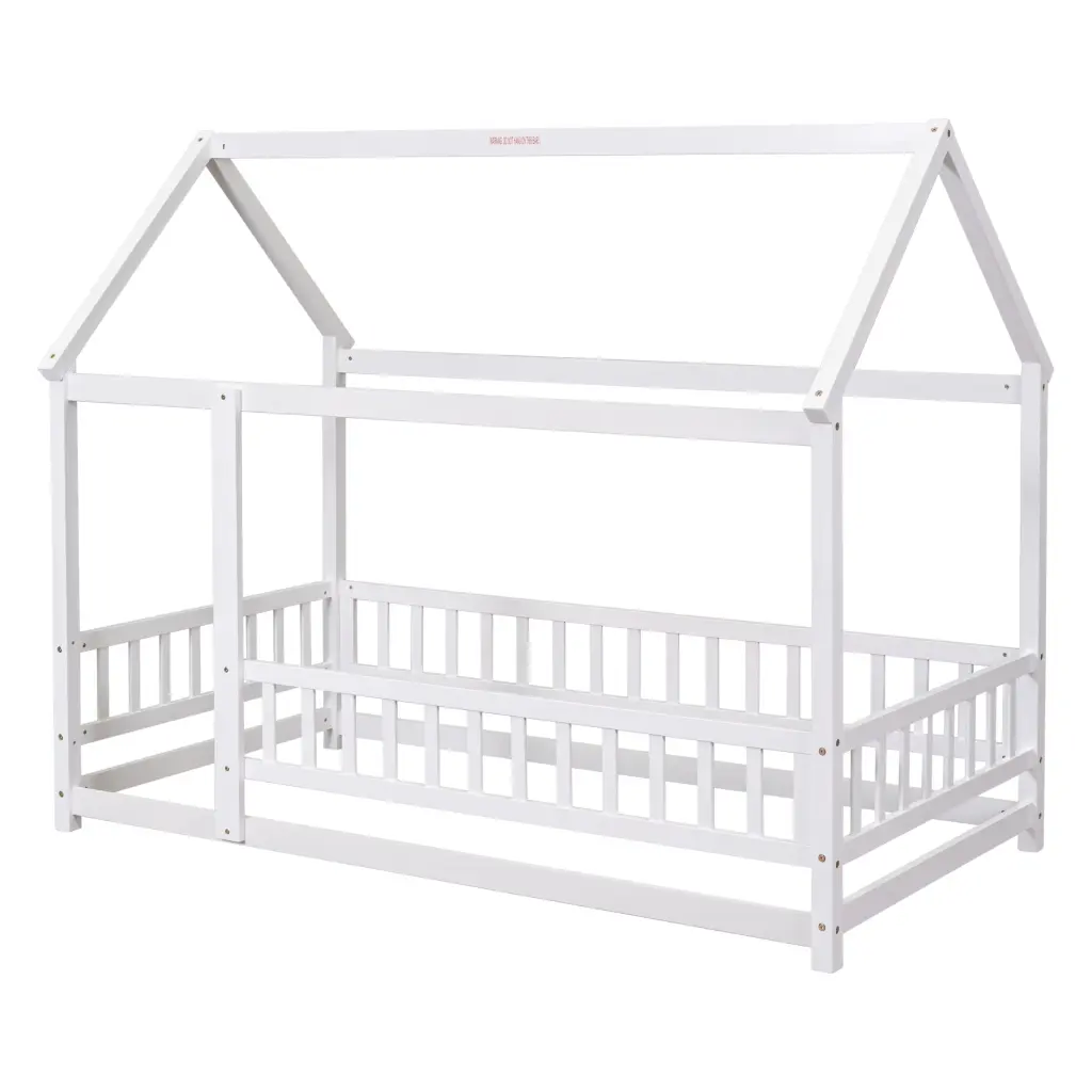 Twin Size Floor Wooden Bed Houtilize Roof Frame and Fence Guardrails White inspired spaces