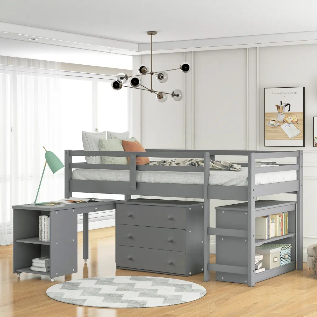 Low Study Twin Loft Bed Cabinet and Rolling Desk Gray lucky furniture