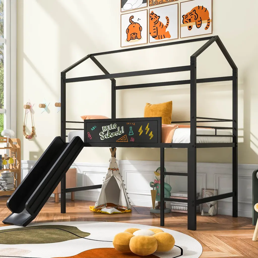 Metal Houtilize Bed Slide Twin Size Metal Loft Bed Two Sided Writing Desk lucky furniture