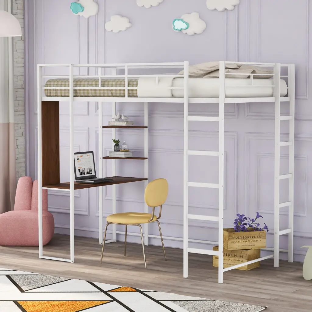 Twin Metal Loft Bed 2 Shelves and Desk White Space Saving Furniture Old SKU MF2812 lucky furniture