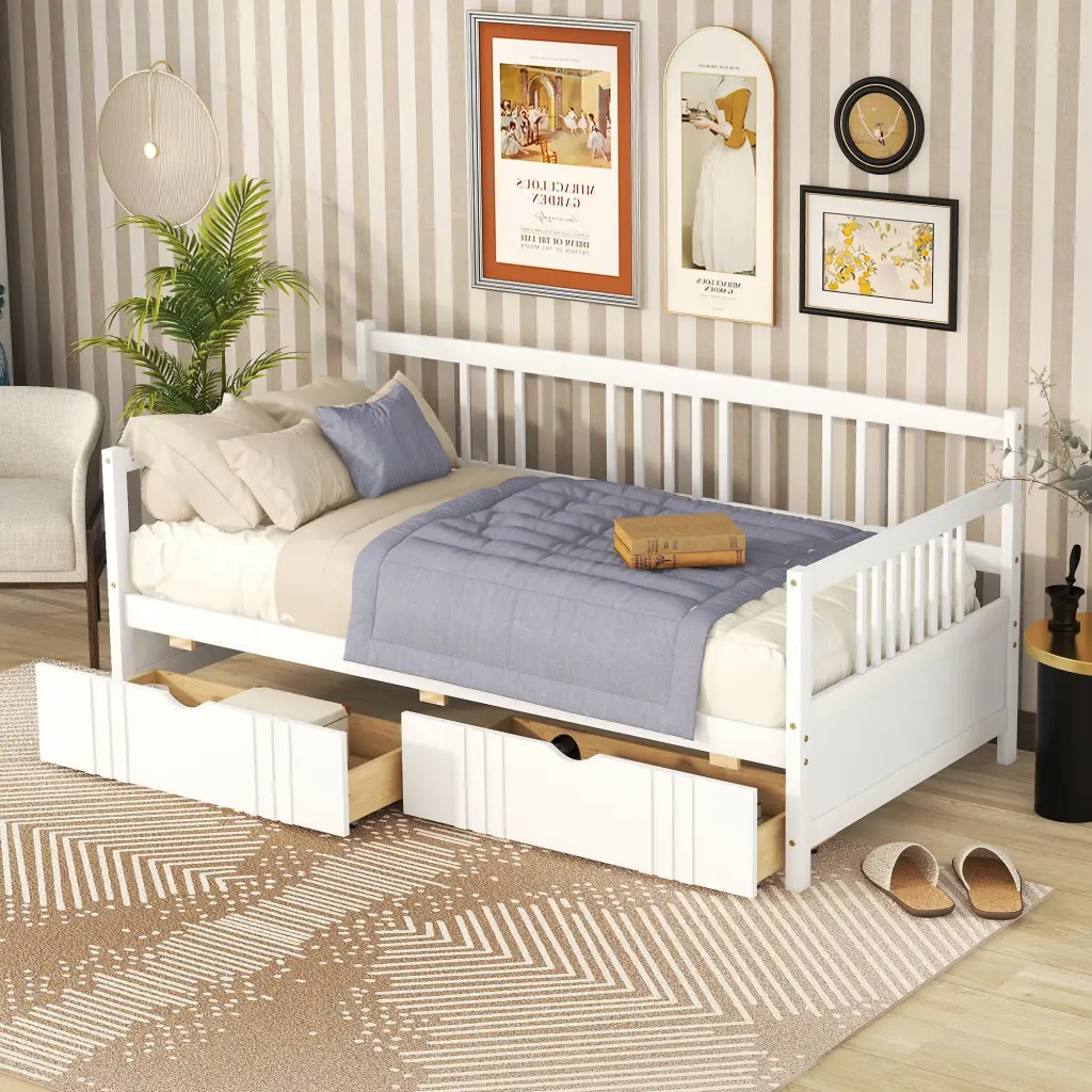 Twin Size Daybed Wood Bed Two Drawers White Finish Space Saving lucky furniture