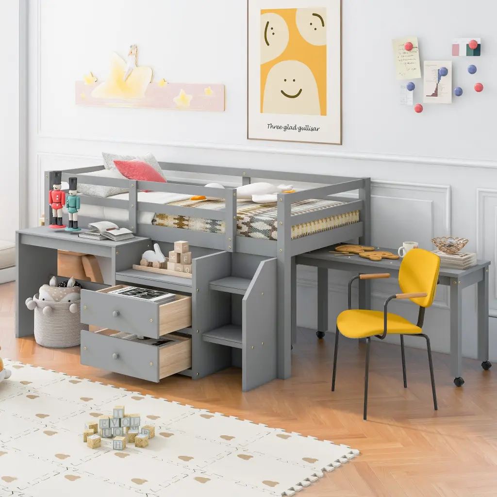 Twin Size Loft Bed Desk And Drawers Wooden Loft Bed Lateral Storage lucky furniture