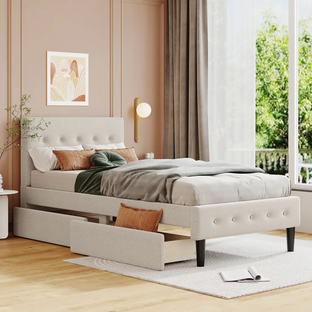 Twin Size Upholstered Platform Bed 2 Drawers Beige Fabric Storage Bed Frame lucky furniture