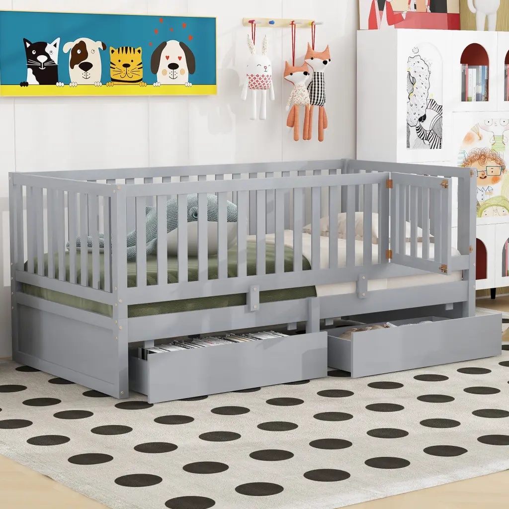 Twin Size Wood Daybed Fence Guardrails and 2 Drawers lucky furniture