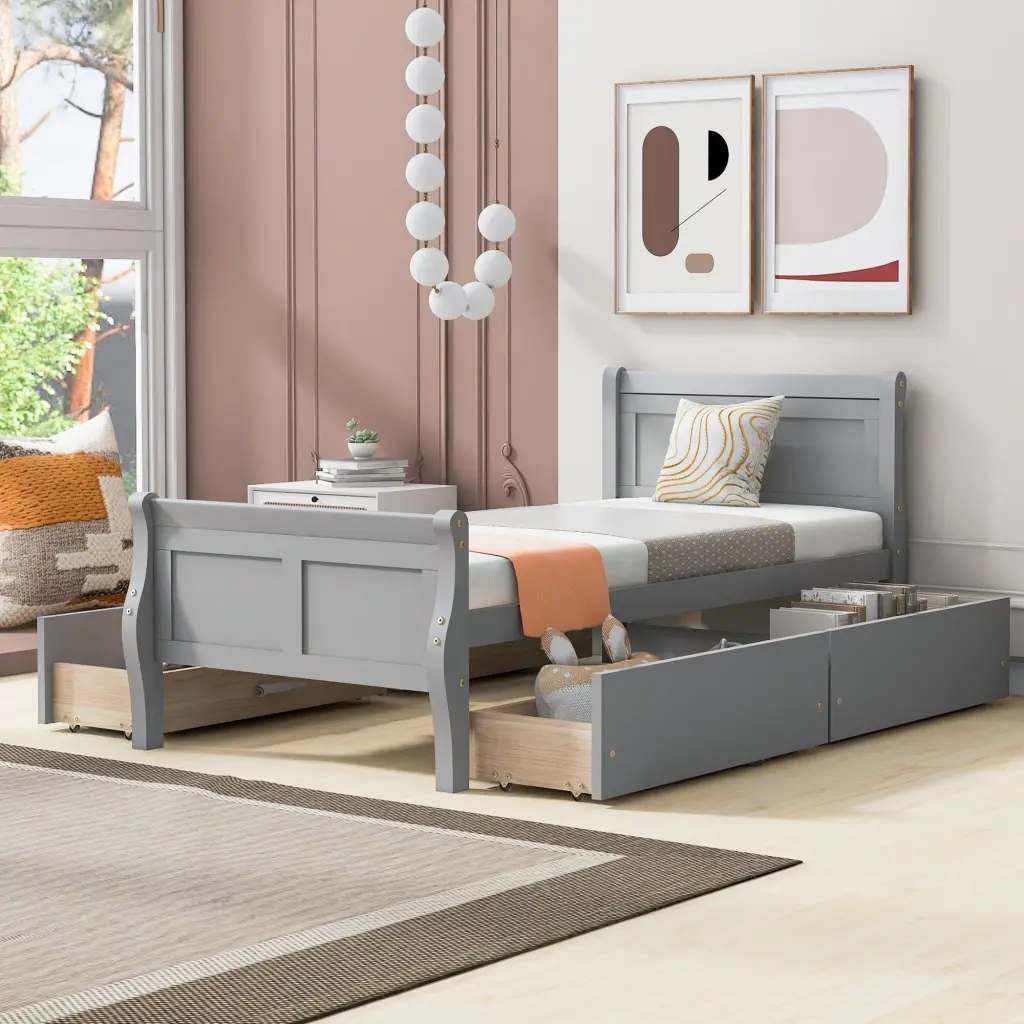 Twin Size Wood Platform Bed 4 Drawers and Simplified Headboard Storage Bed lucky furniture