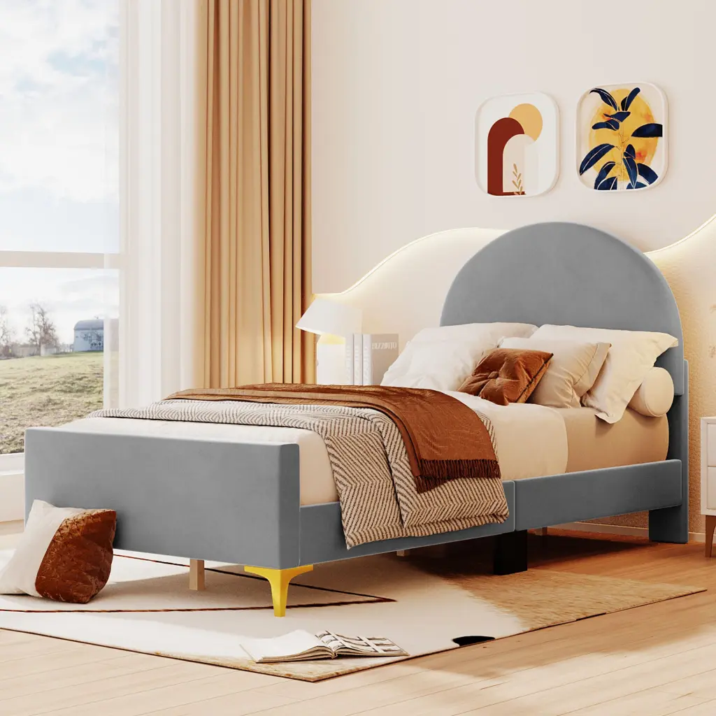 Twin Size Upholstered Platform Bed Semi Circle Headboard Modern Bedroom lucky world