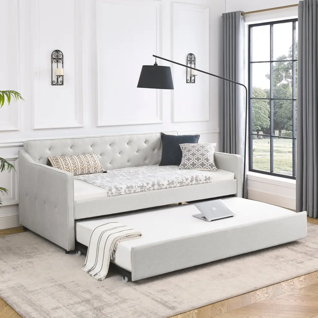Twin Size Daybed Twin Size Trundle Upholstered Tufted Sofa Bed White Modern Furniture royal star