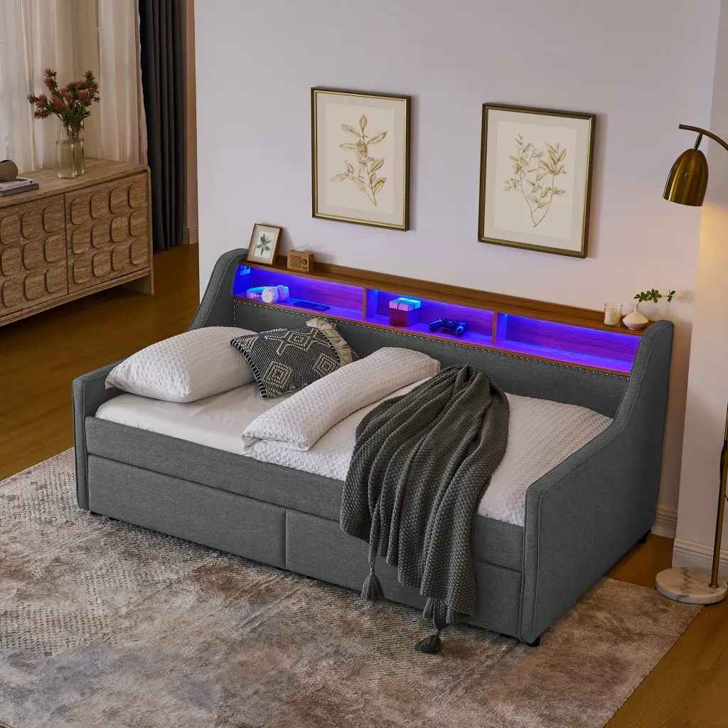 Twin Size Upholstery Sofa Bed Three LED Lights and Storage Adjustable Backrest royal star