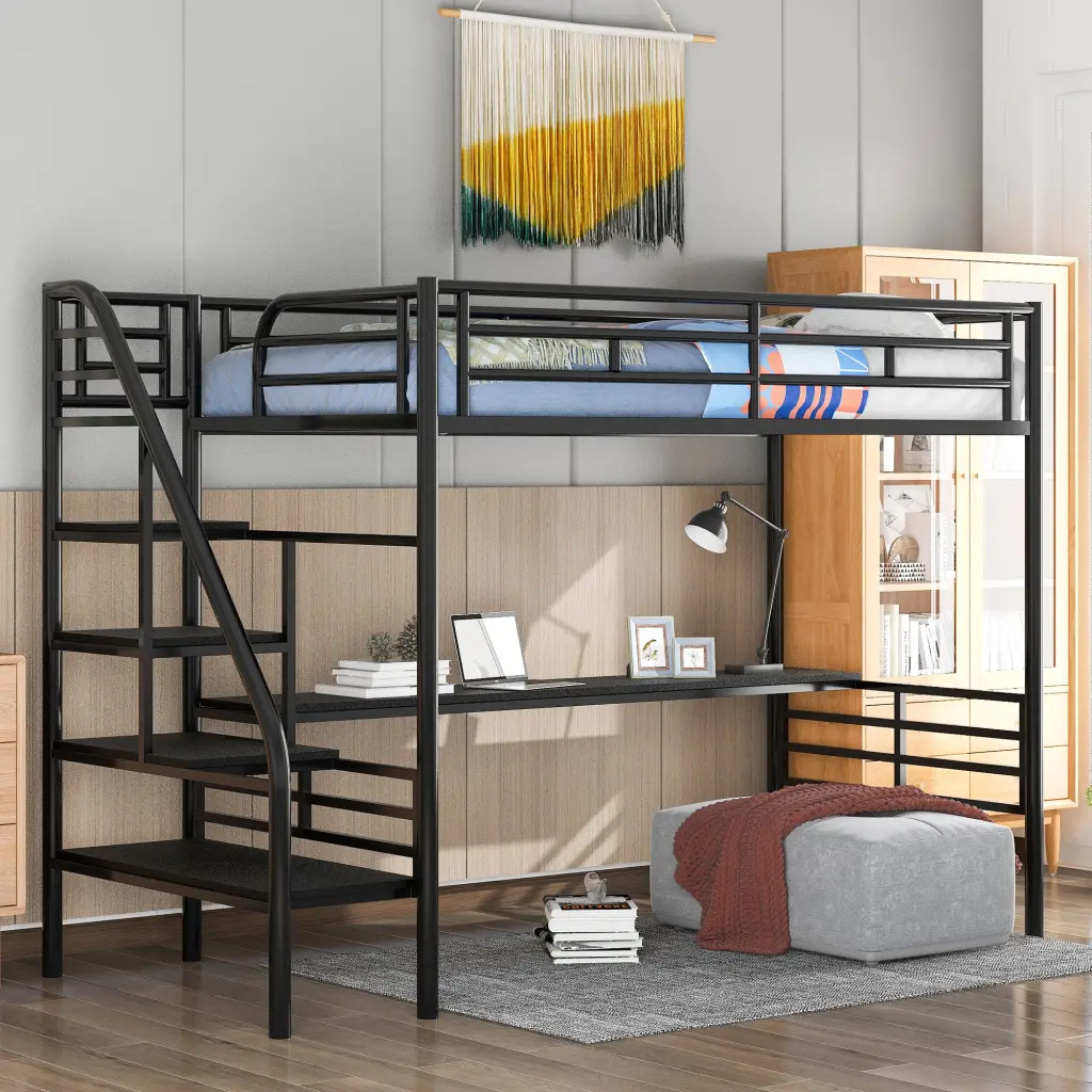 Black Metal Loft Bed Frame Desk Twin Size No Box Spring Needed wm store