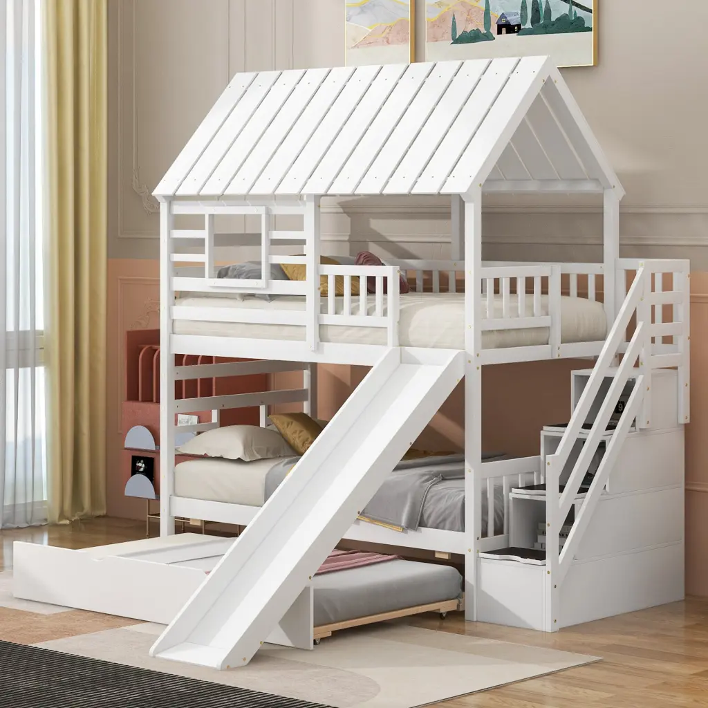 Twin Over Twin Bunk Bed Trundle Slide And Storage Staircase Kids Wooden Bed wm store