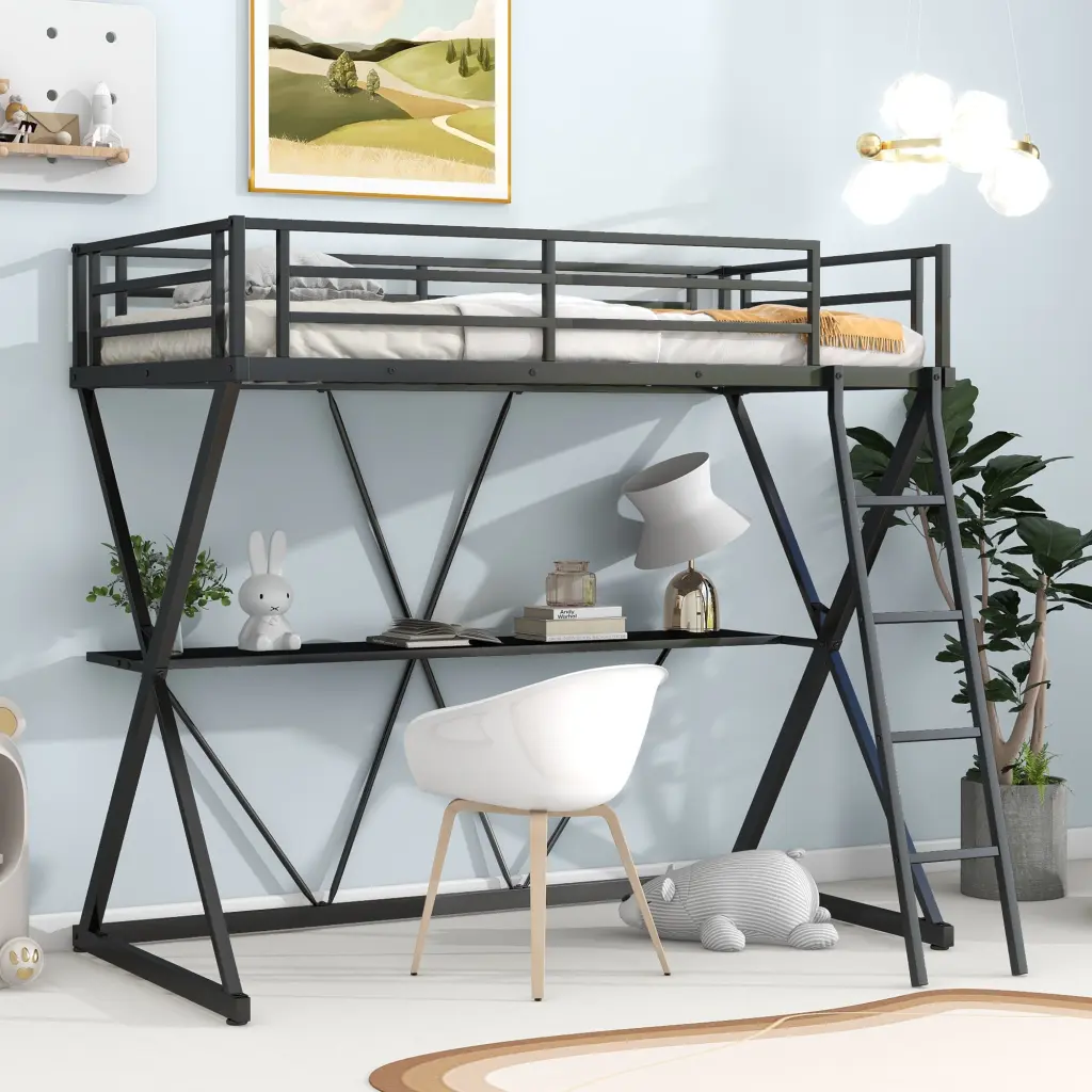 Twin Size Loft Bed Desk Ladder And Full Length Guardrails Space Saving Furniture wm store